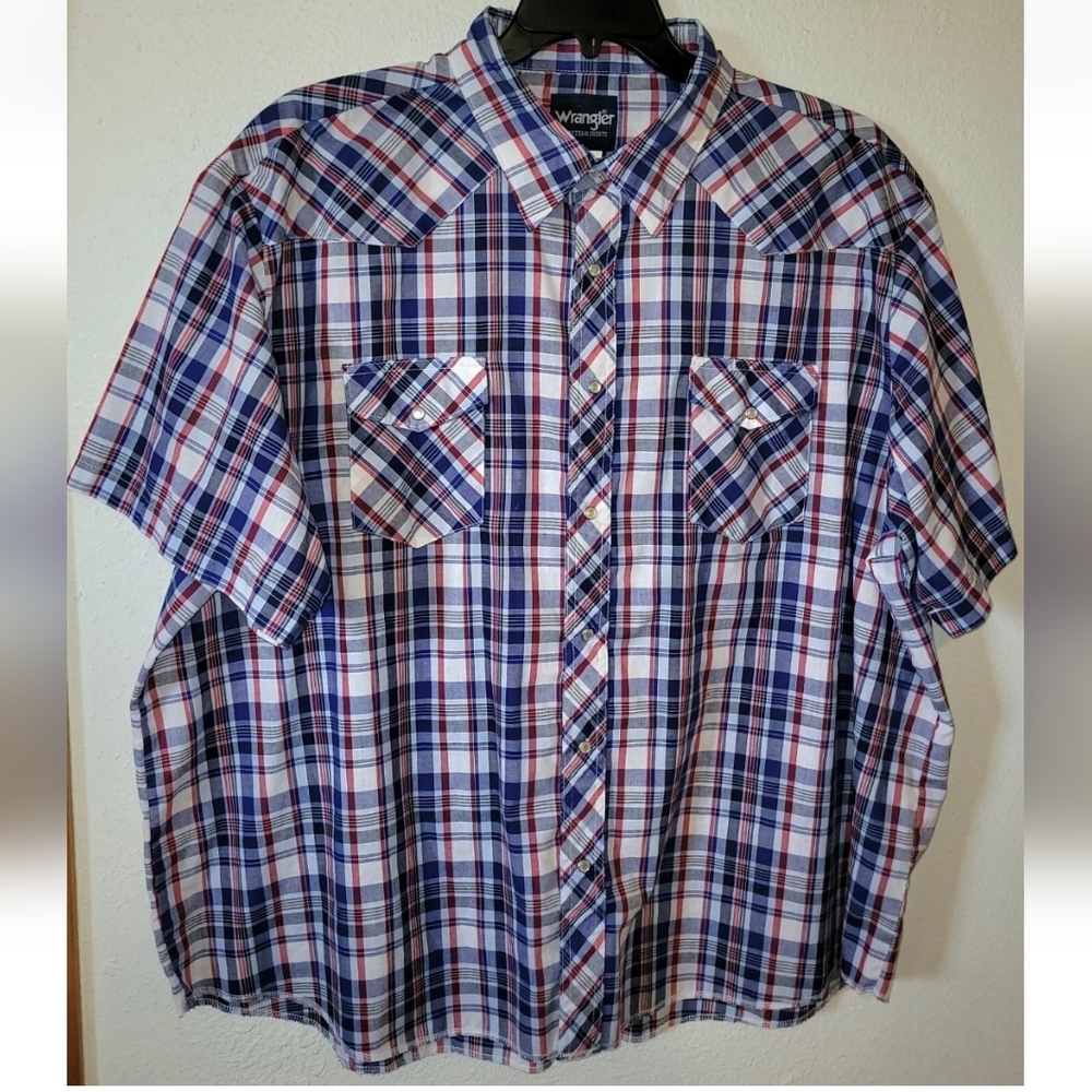 Wrangler Western Shirt Mens Size 3X Pearl Snaps Blue Red Plaid Short Sleeves 3XL - Picture 2 of 6